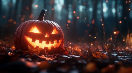 Spooky Forest Jack O'Lantern with Candlelight - A glowing jack-o'-lantern sits in a dark forest, symbolizing autumn, Halloween, mystery, spooky fun, and the supernatural