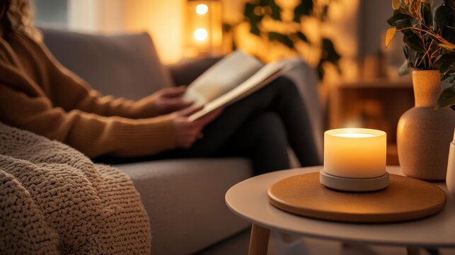A serene setting featuring a person reading by a candle, surrounded by wellness decor, emphasizing self-care and tranquility in a cozy living room environment.