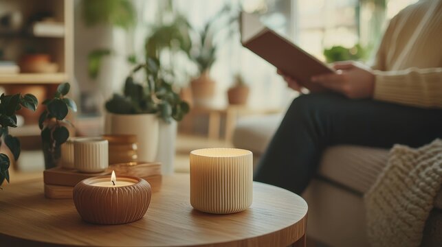 A serene setting featuring a person reading by a candle, surrounded by wellness decor, emphasizing self-care and tranquility in a cozy living room environment.