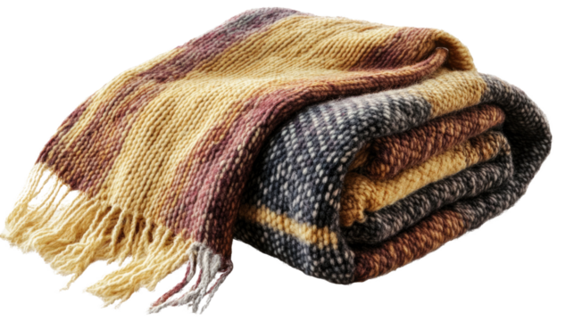 Cozy Throw Blanket: A meticulously crafted close-up of a folded throw blanket with a fringed edge, presenting an inviting display of textures and comfort.