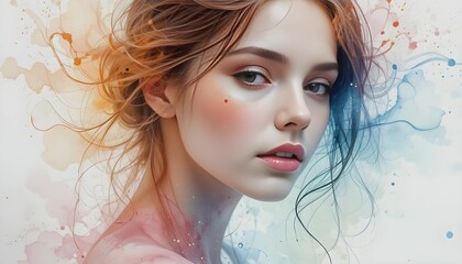 A watercolor painting of the woman in soft pastel tones, giving a dreamlike and delicate artistic effect