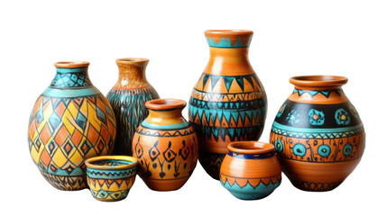 Ceramic Collection: A beautifully arranged group of vibrantly painted ceramic pots and vases showcasing diverse shapes and intricate designs. 