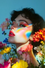 A collage of flower and rainbow, a woman with colorful makeup