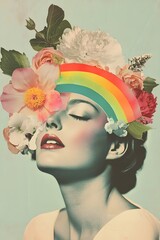 A colorful collage, a surreal portrait of a woman with flower and a rainbow on her head, vintage cut-out photography