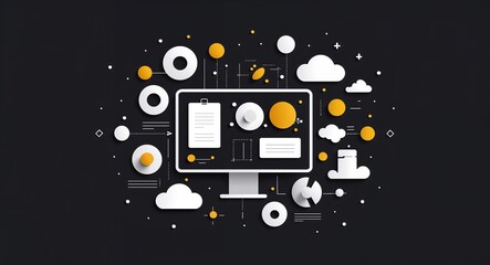 white thematic elements abstract cartoon on plain dark black background illustration