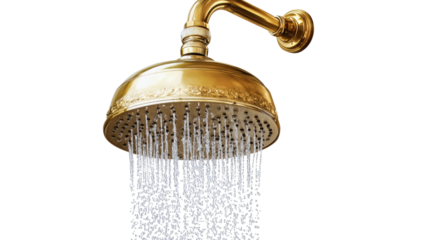 Golden Showerhead: An elegant, antique-style golden showerhead streams a cascade of fresh, clean water. Capturing the simple joy and rejuvenation of the morning ritual.