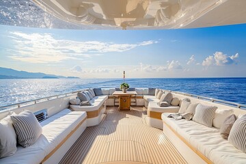 Obraz premium A luxury yacht sailing in the Mediterranean, with a sun deck, plush seating, and guests enjoying a sunny day at sea.