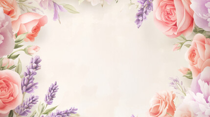 Obraz premium A beautiful mix of roses, peonies, and lavender in soft pink and cream tones. The elegant composition radiates grace and beauty against a light cream background, enhancing tranquility