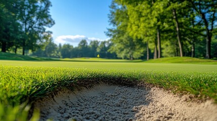 Obraz premium Golf course putting green, sand bunker, sunny day, trees in background