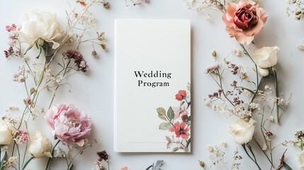 Stylish wedding program featuring floral designs and minimalist layout with copy space