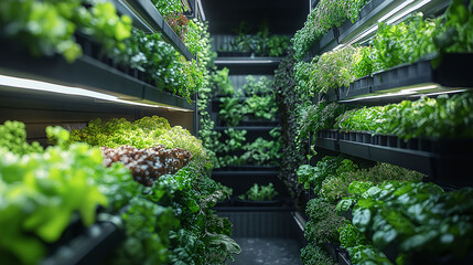 a thriving indoor vertical farm cultivating fresh hydroponic greens. This sustainable, high-tech farming method ensures year-round production of nutritious, eco-friendly produce.