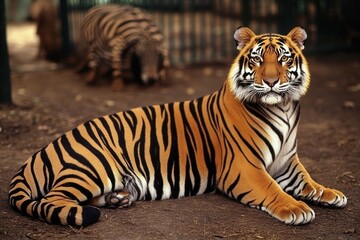Obraz premium Tiger lounges in zoo enclosure.