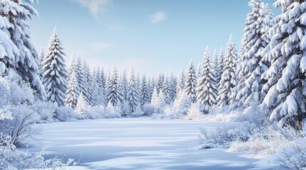 Winter forest landscape with snow-covered trees, a frozen pond in the background, and a cold blue sky above, natural beauty, winter, serenity