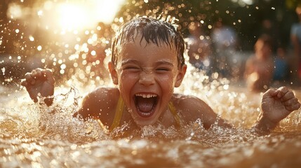 Obraz premium A vibrant image capturing the sheer joy of a child splashing water while laughing, surrounded by a warm sunset glow, embodying carefree summer moments and childhood bliss.