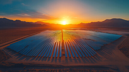 a stunning aerial view of a solar farm set against a desert sunset, symbolizing sustainable energy and innovation. This breathtaking scene captures the future of clean power.