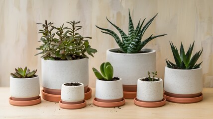 Obraz premium A set of plant pots in various sizes with small plants inside.