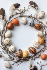 Obraz premium Colorful Easter eggs arranged in a circular wreath with feathers and branches for a festive and organic decoration.
