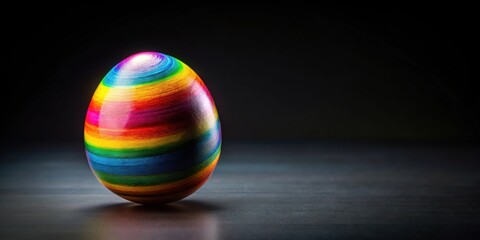 A vibrantly painted egg, showcasing a spectrum of colors in swirling stripes, rests on a dark surface, creating a striking contrast.