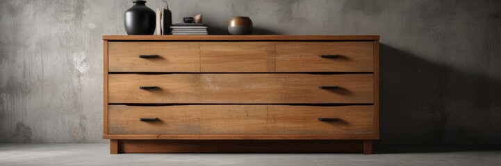 Wooden chest of drawers with open drawers and rough textured concrete wall in background, capacity, roomy, textured surface, filing system