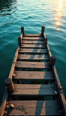 Fototapeta premium Old weathered dock, sun-dappled water ripples gently, peaceful, sunbeams, shadow
