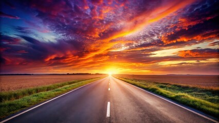 Fototapeta premium Asphalt Road Leading to a Vibrant Sunset Over a Rural Landscape