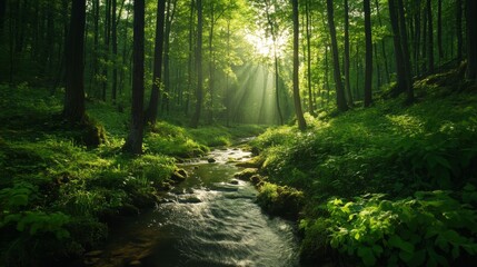 Obraz premium Stream and Sunlight in Verdant Forest - Serene stream flows through lush green forest, sunlight filtering through leaves, creating magical atmosphere. Symbolizes peace, nature, tranquility, renewal