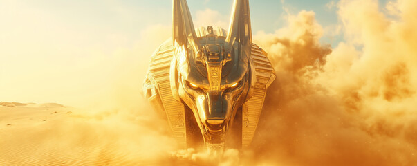 Egyptian high-tech spacecraft resembling a giant Anubis emerges from desert sands at sunset showcasing advanced design and ancient mythology