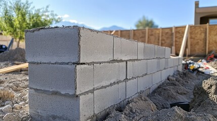 Newly constructed cinder block wall under construction.