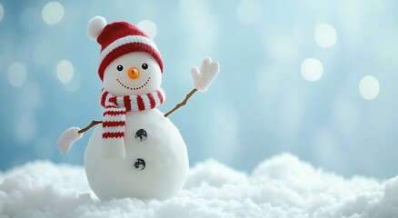 Whimsical Winter Welcome: A cheerful snowman, adorned with a red and white hat and scarf, joyfully waves hello amidst a snowy wonderland, bringing the magic of the season to life.