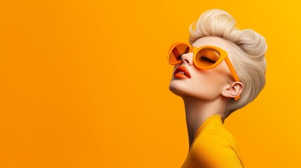 Summer Fashion Model - A blonde woman in orange sunglasses and dress against a bright orange background. Stylish and vibrant summer fashion