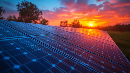 a stunning view of solar panels at sunset, harnessing clean energy for a sustainable future. This captivating scene symbolizes innovation, renewable power, and environmental conservation.
