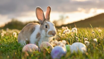 Adorable Bunny With Easter Eggs In Flowery Meadow