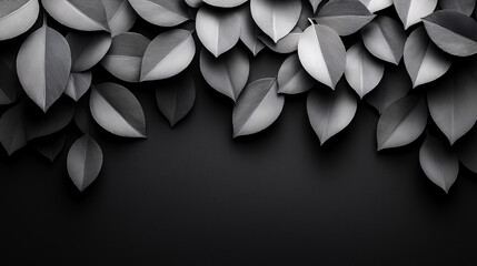 a sophisticated digital artwork featuring elegant silver leaves against a deep black background....