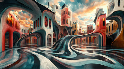 Obraz premium Hallucination, a surreal cityscape featuring melting buildings, showcasing a unique blend of architecture and artistic vision in high fidelity. Surreal Melting Architecture. Illustration