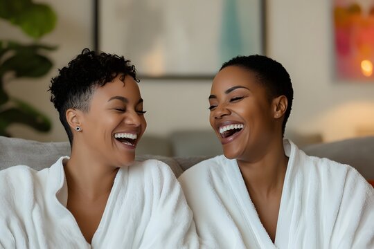 A photograph of two Black women laughing and sitting on a couch in their living room, wearing white robe with short hair cut in a pixie style