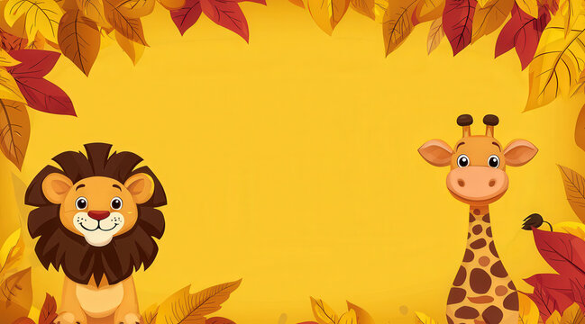 Fondo infantil de dibujos animados de color amarillo con hojas de oto&ntilde;o y un leon en el lado izquierdo y una jirafa en el derecho, con espacio vacio en el centro