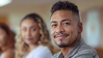Confident latino man sharing warm smile during intimate portrait, blurred partner creating soft background scene of personal connection and genuine emotion
