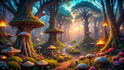 Fototapeta premium Enchanting Glowing Fantasy Forest: Aerial View of Ancient Trees & Magical Creatures