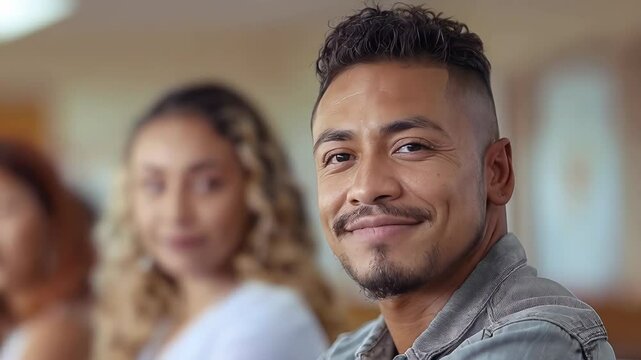 Confident latino man sharing warm smile during intimate portrait, blurred partner creating soft background scene of personal connection and genuine emotion