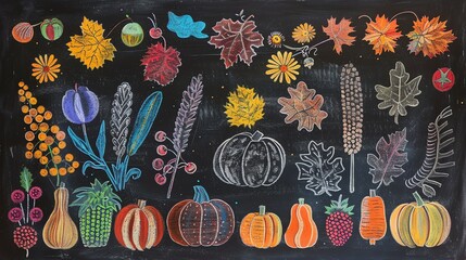 A chalkboard filled with colorful chalk drawings of autumn leaves, pumpkins, berries, and other fall elements.