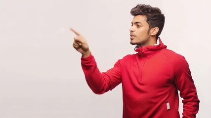 Muscular athlete wearing fitness gear gesturing upward with index finger, standing against white studio backdrop, expressing confident leadership and determination