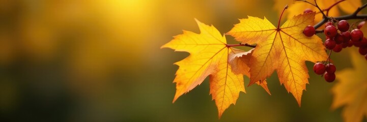 Fototapeta premium Yellow autumn leaves on bush branch with berries, autumn leaves, season