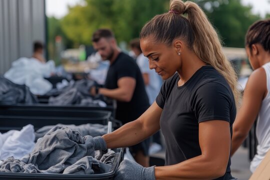 A group of dedicated volunteers are sorting through donated clothing in bins, showcasing their commitment to helping those in need and promoting community support.