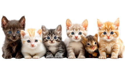 Adorable Kitten Ensemble: A delightful collection of kittens, each with unique fur patterns and captivating eyes, poses charmingly together.