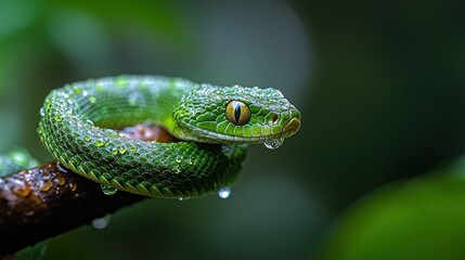 Fototapeta premium Green pit viper coiled on branch in rainforest