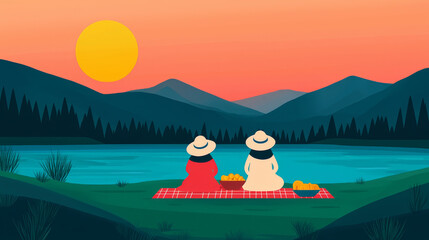 Fototapeta premium Enjoying sunset by lake, two women in hats relax on picnic blanket