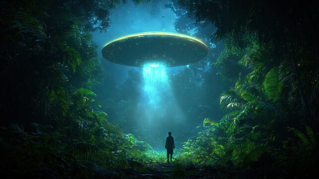 An individual stands observing a spacecraft emitting light within the jungle
