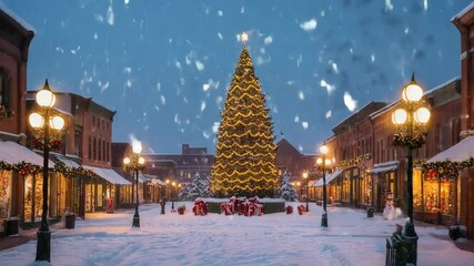 winter evening christmas celebration with a glowing tree and snowy street - Powered by Adobe