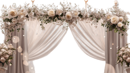 Romantic Wedding Ceremony Arch: Elegant wedding arch adorned with delicate ivory roses and flowing beige drapes, creating a romantic and intimate setting for a special occasion.
