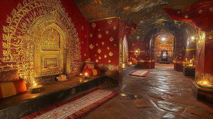 Obraz premium Ornate red and gold interior of a cave temple.